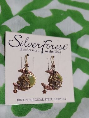 Silver Forest Bronze Crescent Moon Face Earrings with Green Accents